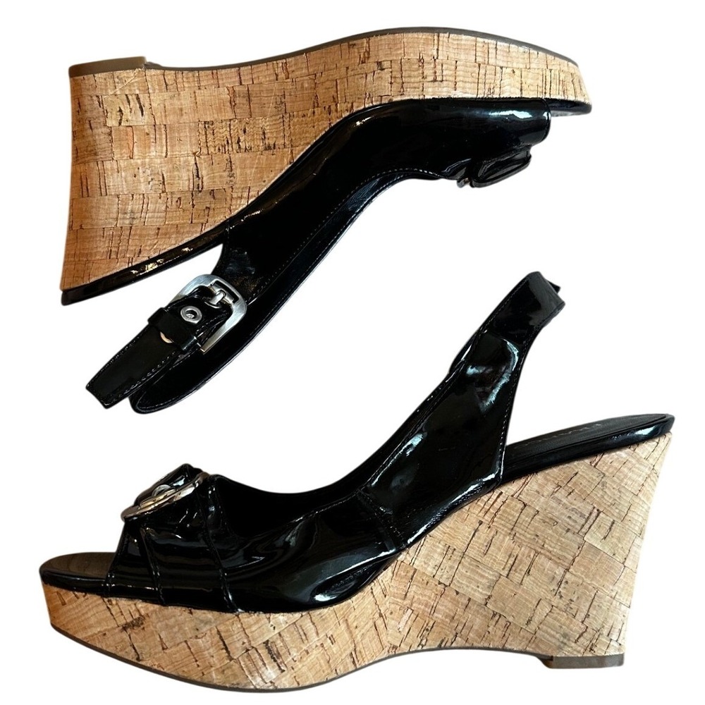 Franco Sarto Black Patent L-Carnival Cork Wedge Sandals Women's 8.5